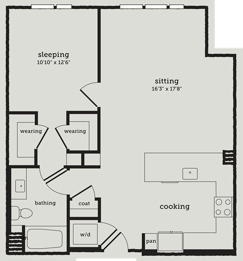 Floor plan for 1 bed, 1 bath, 855 sqft